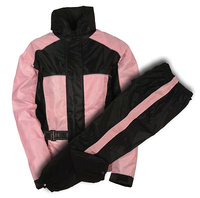 Ladies Black & Pink Deluxe Rain Suit For Motorcycle Riders w/ Reflective Piping