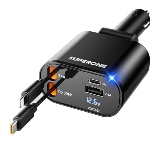 【Upgraded】  Retractable Car Charger 4 in 1, Fast Car Phone Charger with Black