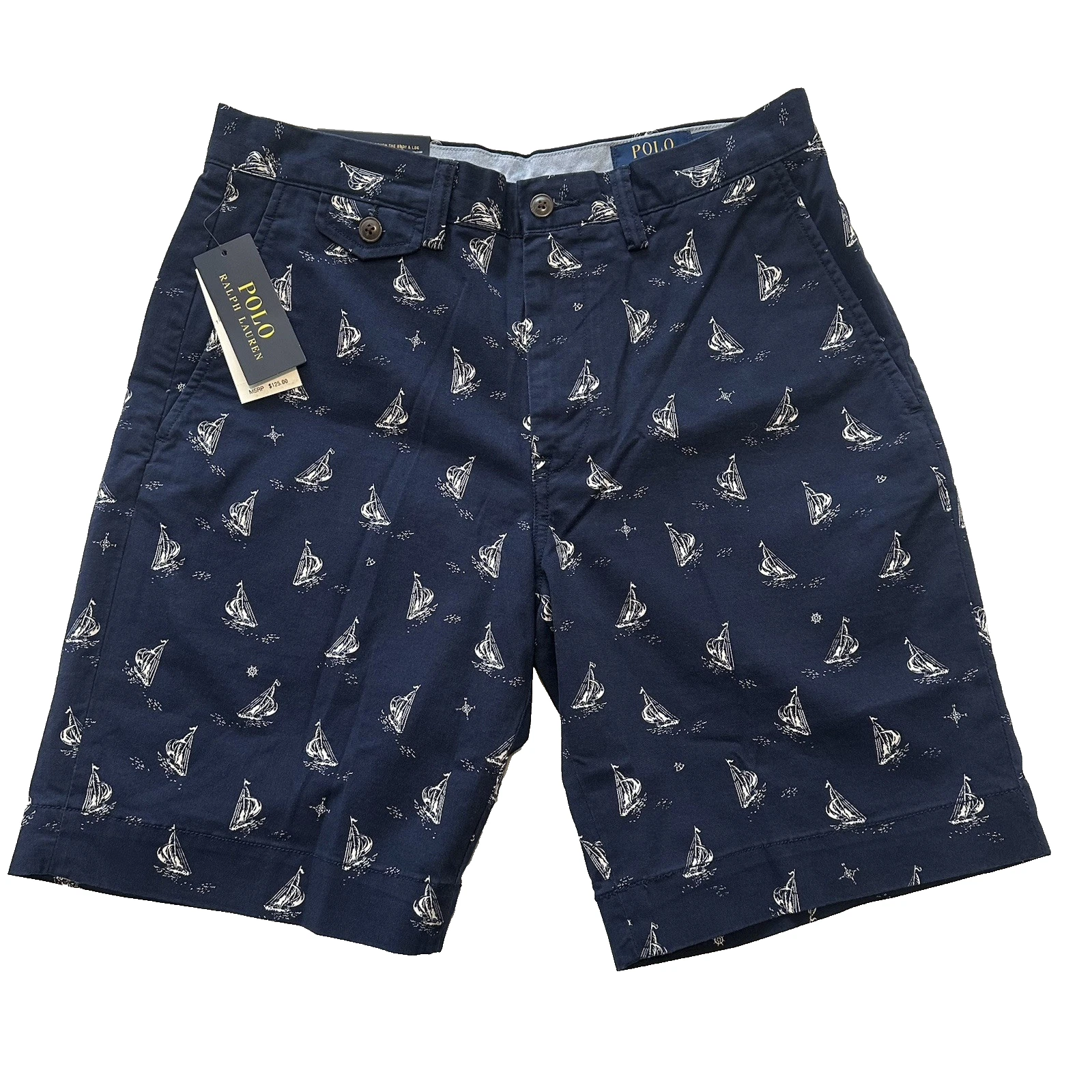 Polo Ralph Lauren Mens Sz 30 Stretch Classic Fit 9" Sailboat Print Chino Shorts