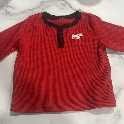 Carters 2T Boys Red Brown Embroidered Dog Thermal Long Sleeve Pajama Shirt 