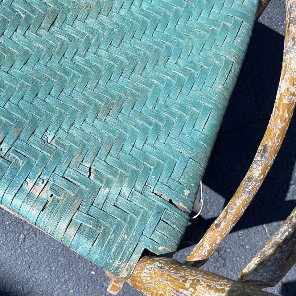 Antigua mecedora Indiana Hickory con respaldo de barril Adirondack verde rústico primitivo Foto 3 de 4