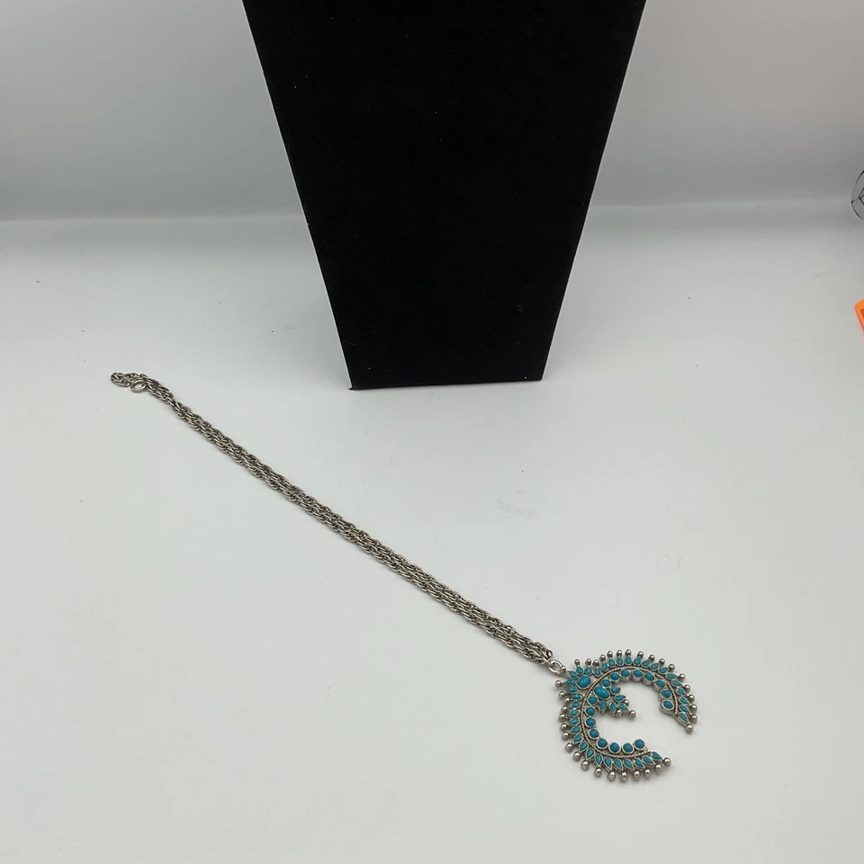 Turquoise Squash Blossom Necklace Sterling Silver Tone Southwestern Boho - Image 4 of 4