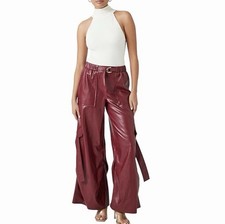 Forever 21 Women's Faux Leather Wide-Leg Cargo Pants Wine Belt Pocket Accent