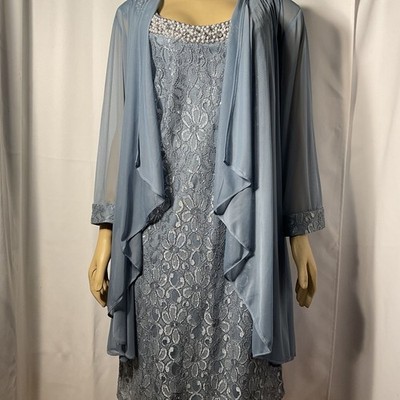 Elegant Dusty Blue Lace Dress and Chiffon Jacket Set, Size 18W
