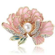 Pearl Peony Flower Brooch Women Rhinestone Pin Elegant Wedding Jewelry New Gift