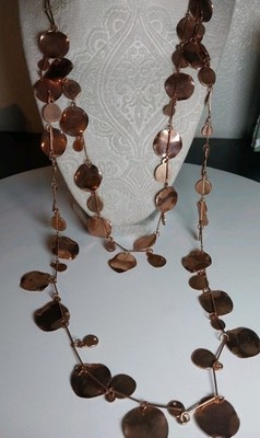 Vintage-style Necklace Multiple long chains w/ flat, dangling copper-toned discs