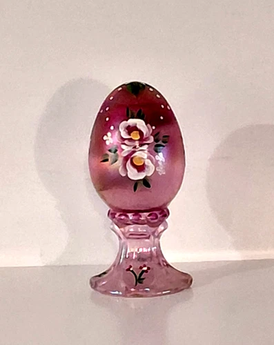 Fenton Art Glass Pink Opalescent Hand Painted Floral Egg Signed