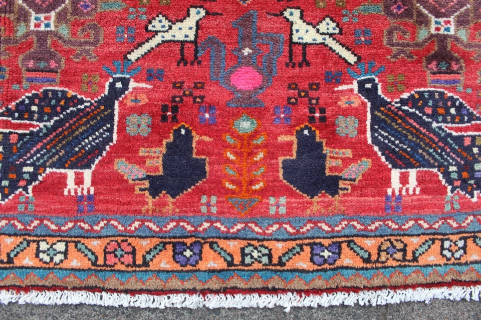 Vintage Hand Made Traditional Oriental Wool Red Small Rug 55x84cm Animal Bird - Image 4 of 4