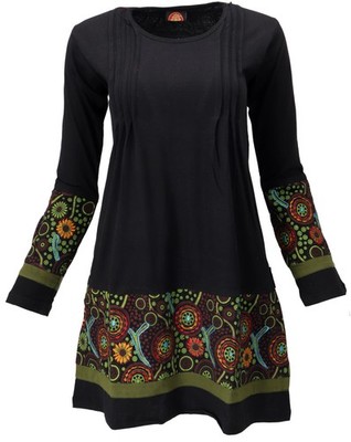 Baumwoll Minikleid Boho chic, Langarm Tunika - schwarz/grün