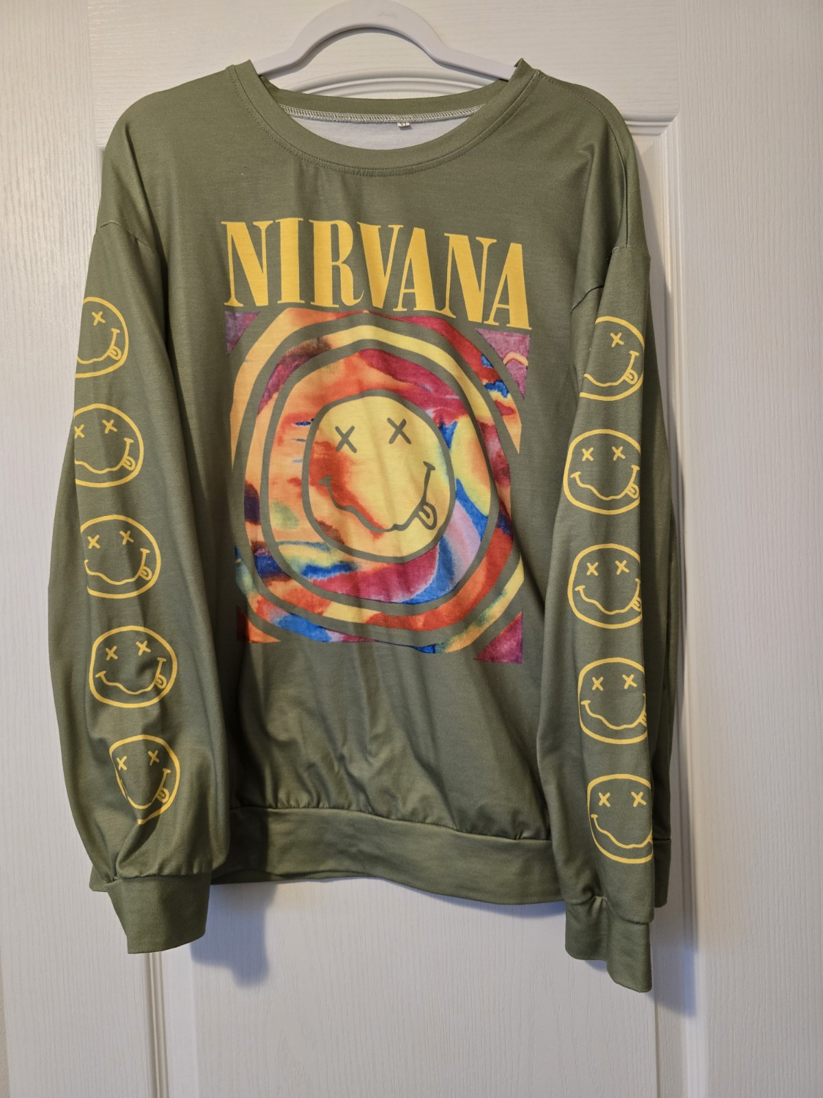 Nirvana Smiley Face Over Dyed Long Sleeve Green  Shirt