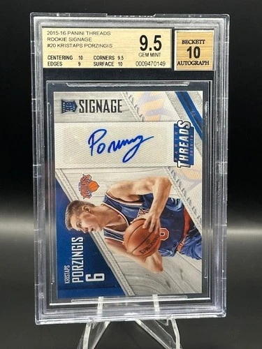 2015-16 Panini Threads Rookie Signage #20 Kristaps Porzingis AUTO 10 BGS 9.5