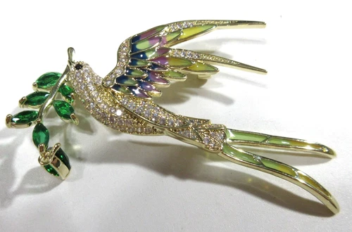 VTG DOVE clear rhinestone peace bird leaf Brooch pin of gold tone green mauve