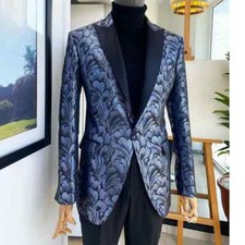 Blue Jacquard Men Suits for Wedding Party 2 Piece Peak Lapel Slim Fit Groom Suit