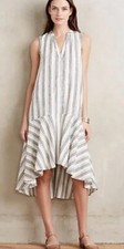 Anthropologie Maeve XXS Inked Striped Shirtdress White Gray Hi-Lo Hem Dress