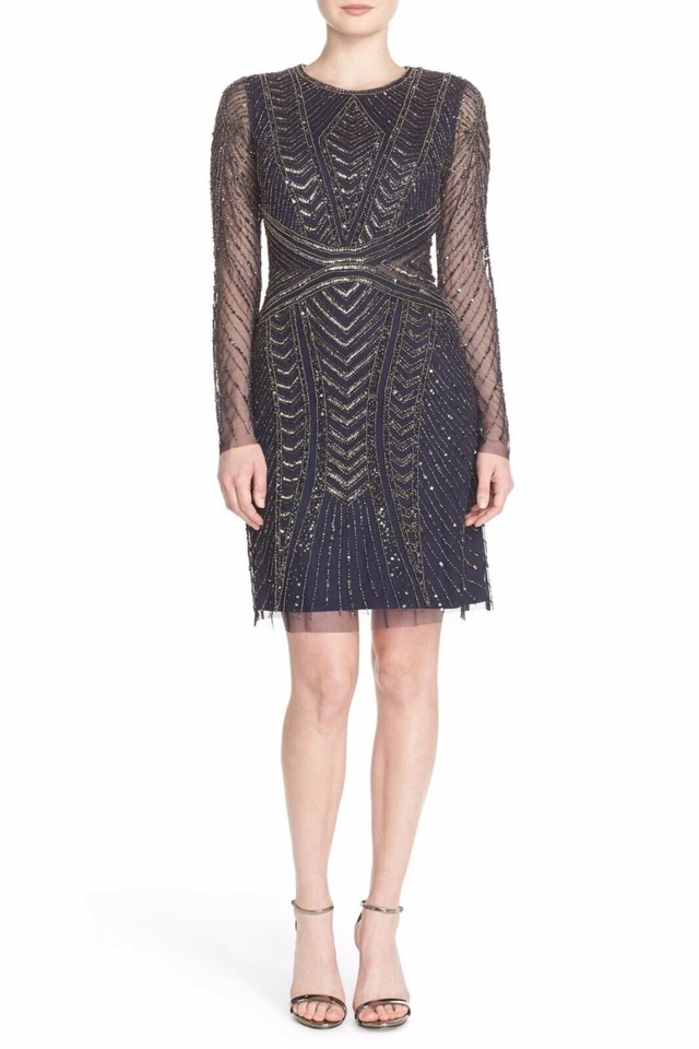 Adrianna Papell women's 6/S Beaded Long Sleeve Mesh Sheath Dress Navy sheer $329 - Image 2 of 4