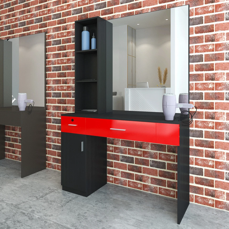 Estaciones de peluquería de salón montadas a mano para artista con espejo (negro + rojo) Foto 3 de 4