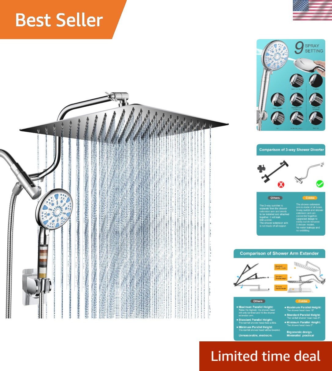 12 Inch All Metal 3-Way Rain Shower Head, Shower Head, Dual Shower Heads with...