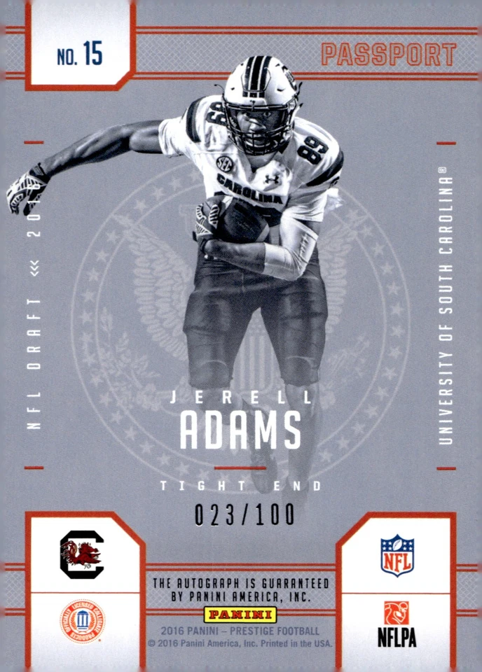 Jerell Adams - 2016 Panini Prestige Passport Rookie Auto /100 Card #15 - Image 2 of 2