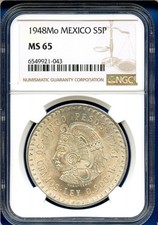 1948 Mo Mexico NGC MS65 Silver 5 Pesos S5P Cinco Pesos Cuauhtemoc MS-65