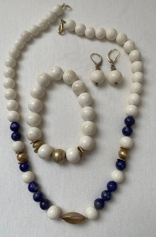 Schmuckset Kette, Armband, Ohrhänger Weißkoralle, Lapislazuli, Silber vergoldet - Bild 3 von 4