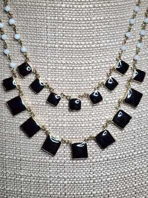 THE LIMITED gold tone double strand reversible black white enamel necklace 22'' 
