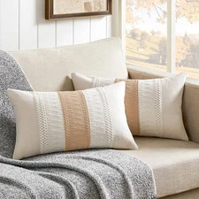  2 Packs Cotton Boho Lumbar Throw Pillow 20" x 12" (Pack of 2) Contrast/Beige