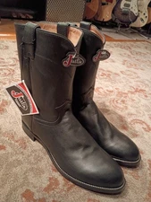 JUSTIN BLACK LEATHER ROUND TOE JACKSON ROPER COWBOY BOOTS W/TAGS #3133 MEN'S 12D