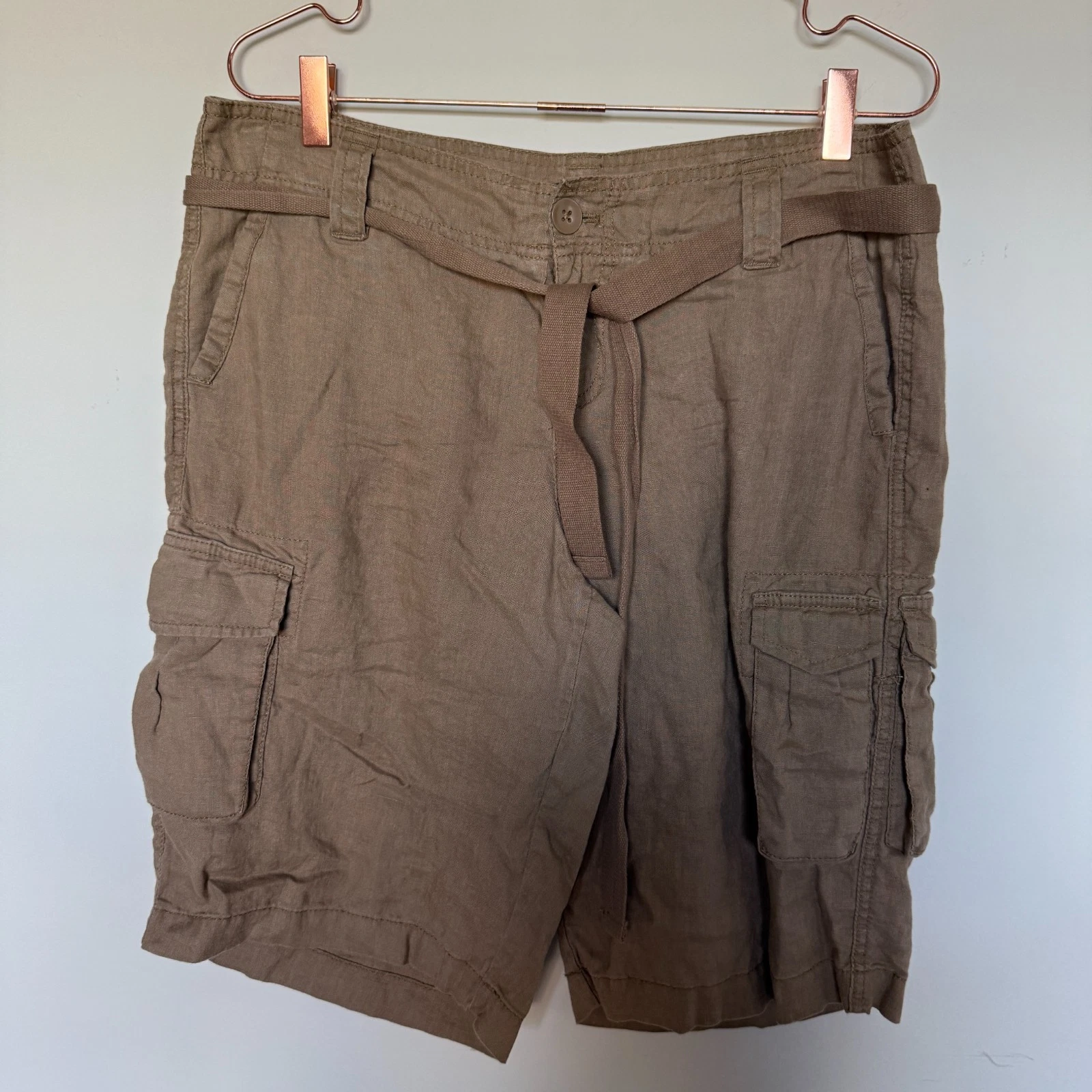 GAP 100% Linen Cargo Shorts Women 10 Brown Belted Bermuda Minimalist Utility Y2K