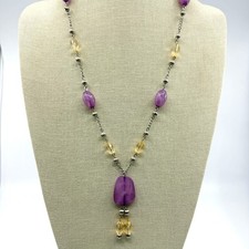 Necklace Vintage Y Drop Purple Yellow Beads Silver Tone Boho Statement Pendant