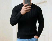 Armani Exchange maglione uomo a costine girocollo blu navy logo taglia M