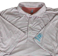 Johnnie-O TPC Craig Ranch Golf Polo Mens Large Pink Peach Blue Striped Stretch