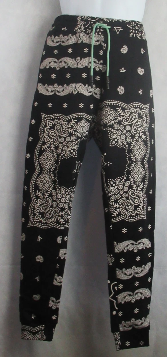 Elevenparis Men's Paisley-Print Elastic Waist Jogger Pants, Black, XXL