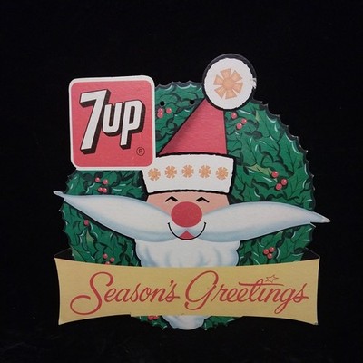 Vintage 1960s 7up Seasons Greetings Santa Cardboard  Hanging Advertising Sign 