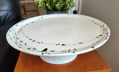 Ciroa OISEAU Black Birds & Vines Pedestal Cake Stand 12'' x 4'' Porcelain Plate