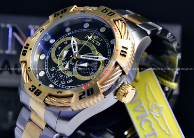 NEW Invicta SPEEDWAY 50MM BLACK Dial 18K Gold Plated Chrono