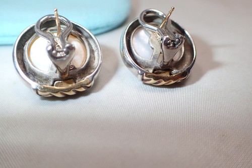 Tiffany & Co Sterling Silver & 18K Yellow Gold Mabe Pearl Omega Back Earrings - Picture 8 of 9