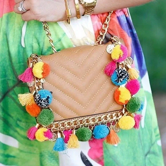 ALDO Boho Tan Quilted Faux Leather Crossbody Mini Bag Chain Pom