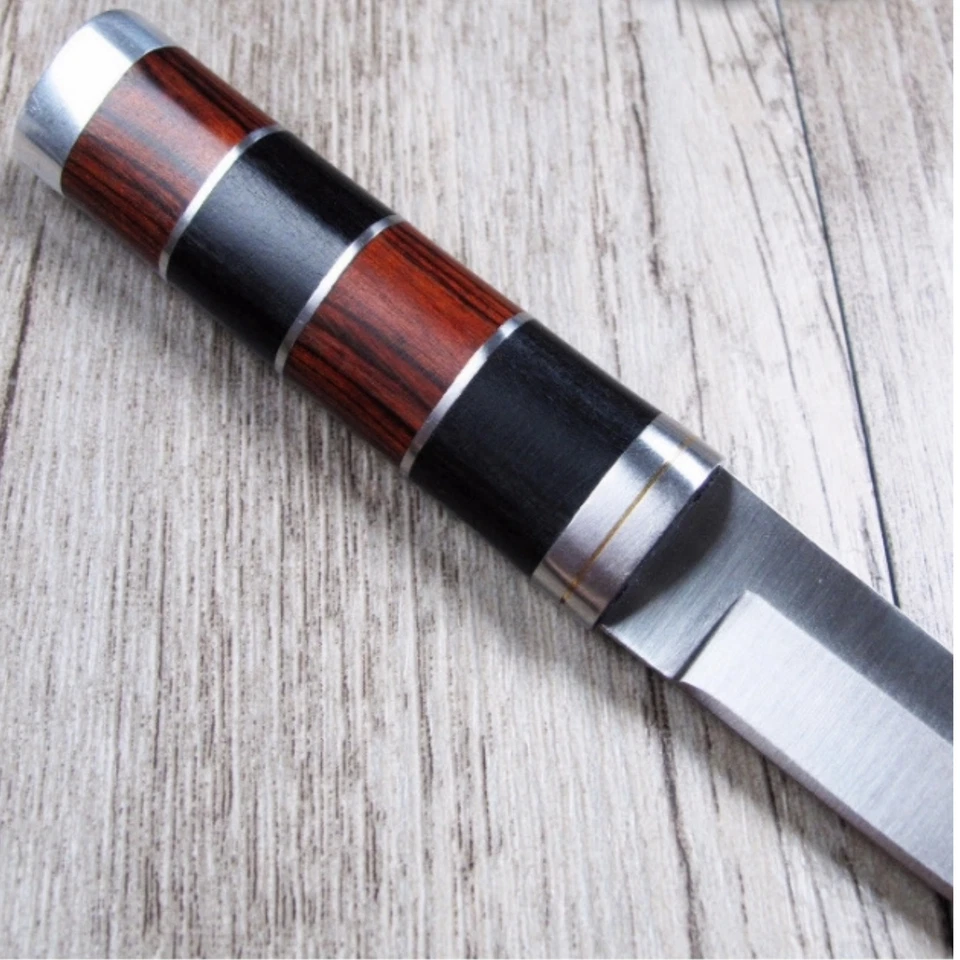 Columbia K30 Small Fixed Blade Knife Multicolor Wood Stacked Handle Belt Sheath  - Image 3 of 4