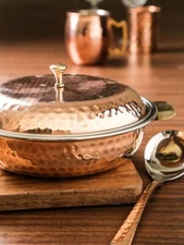 Hammered Steel Copper Casserole Donga Bowl/Copper Handi with Lid & Serving Spoon