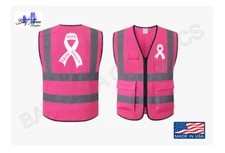 PINK HI-VISIBILITY SAFETY VEST W/CANCER AWARENESS RIBBON WH & REFLECTIVE STRIPS