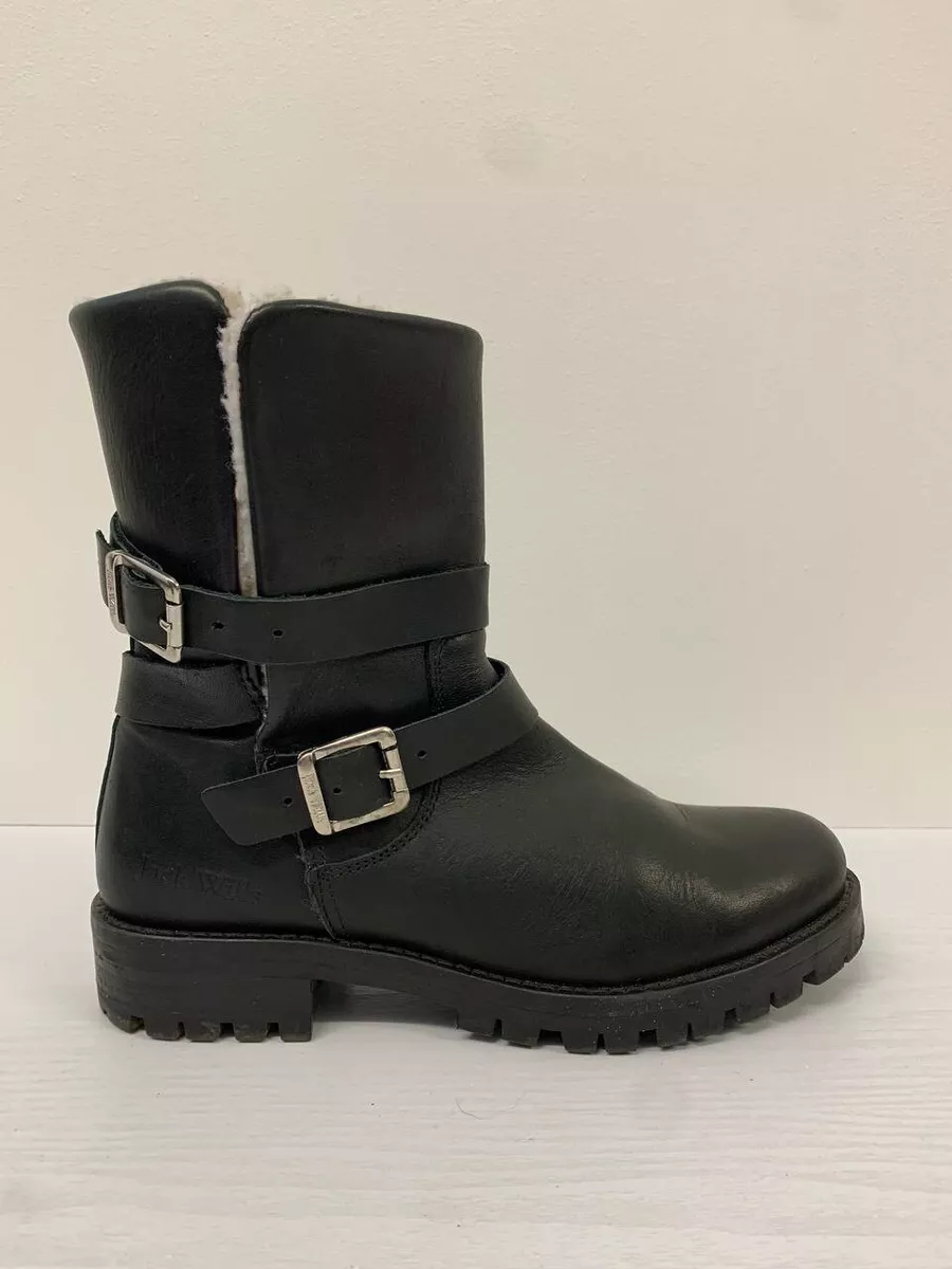 Jack Wills Boots Size 4 Black Leather Fleece Lined Strappy Biker