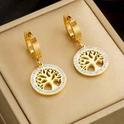 Women Elegant Golden Tree of Life Stainless Steel Dangle Earrings Cubic Zirconia