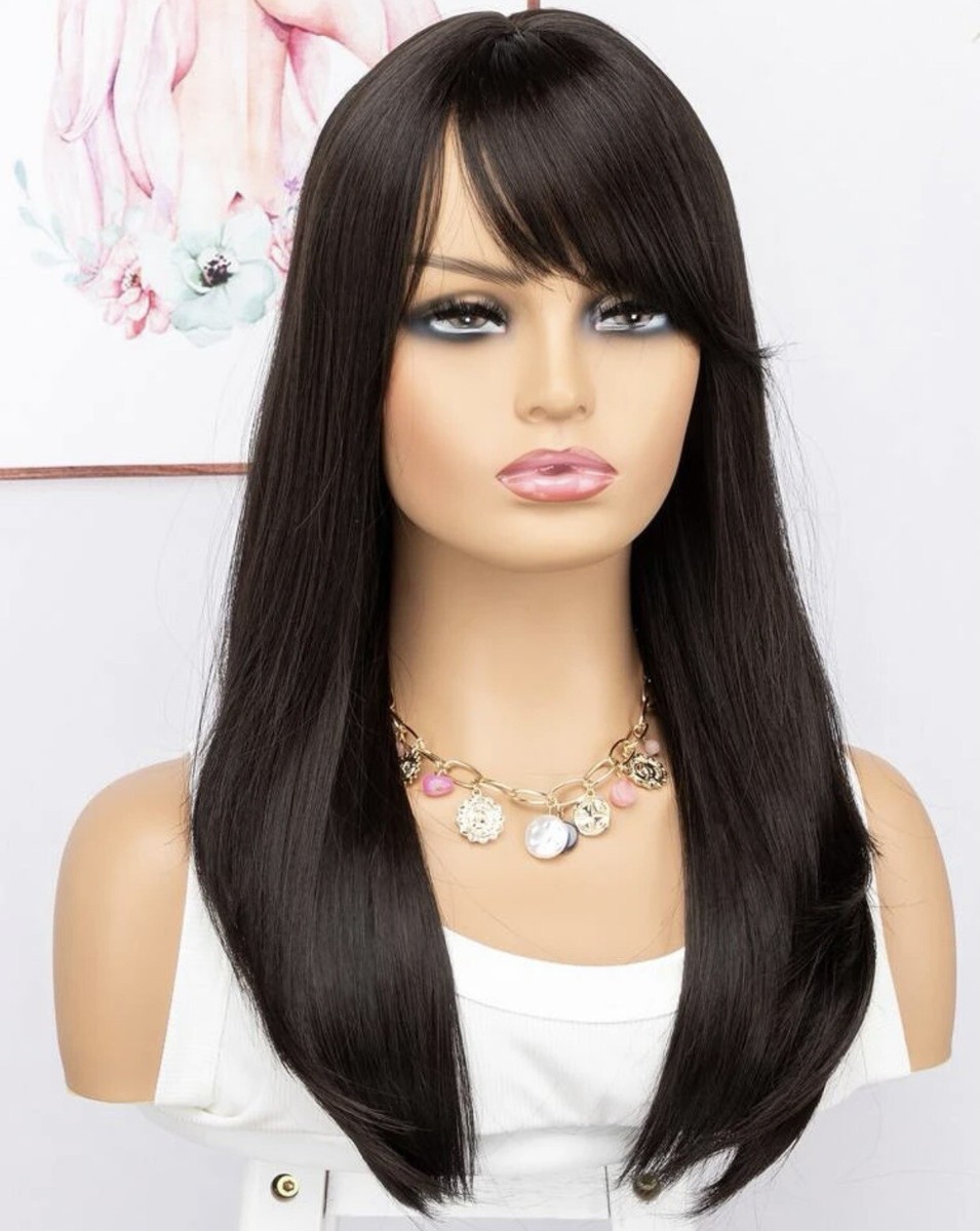 Perruque Synthétique Longue Brune Châtain - Frange, Lisse, Bonnet Moyen + 4 Gratuits