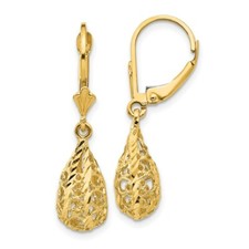 14k Yellow Gold Diamond Cut Filigree Drop Dangle Leverback Earrings 1.18 Inch