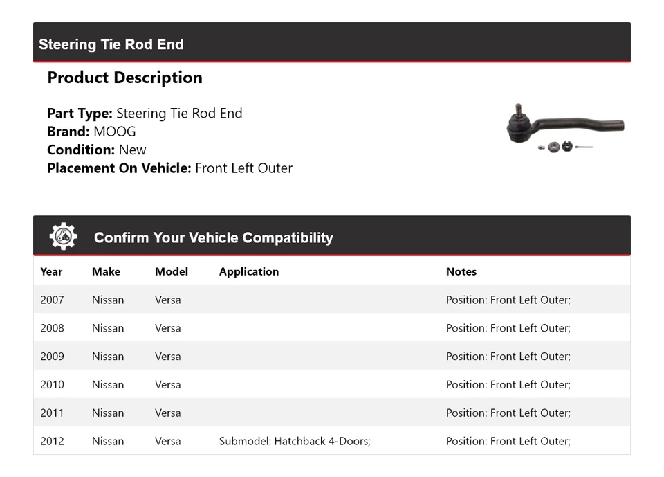 Extremo de barra de dirección delantero izquierdo exterior MOOG 2007-2012 Nissan Versa 2007 2008 Foto 2 de 4