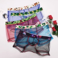 Mens Transparent Underwear Mesh Panties Lace Gay Net Yarn Sexy Boxer Underpants