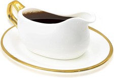 14 oz Gravy Boat with Tray, Ceramic Sauce Gold Trim White gold