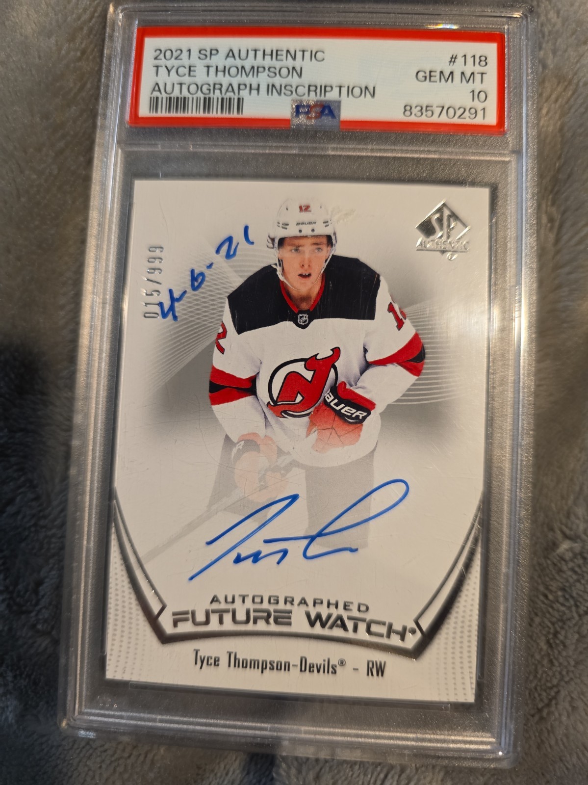 21-22 SP Authentic Tyce Thompson Future Watch Auto PSA 10 /999 Devils RC view 1