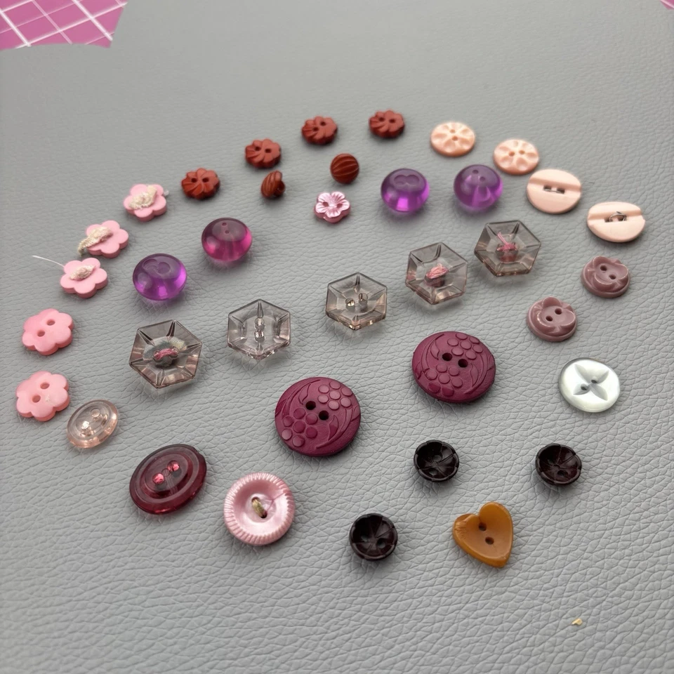 Vintage Button Lot Mixed Pink Red Brown Lucite Glass Carved Plastic 30pcs - Image 3 of 4