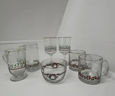 Vintage Arby’s Libbey Holly Berry Gold Rim Christmas glassware & Bowl Set of 7 